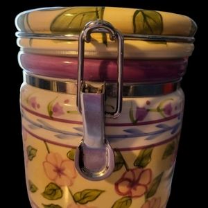 Vintage Floral Pattern Crock / Canister With Attached Lid And Latch Hand Painted